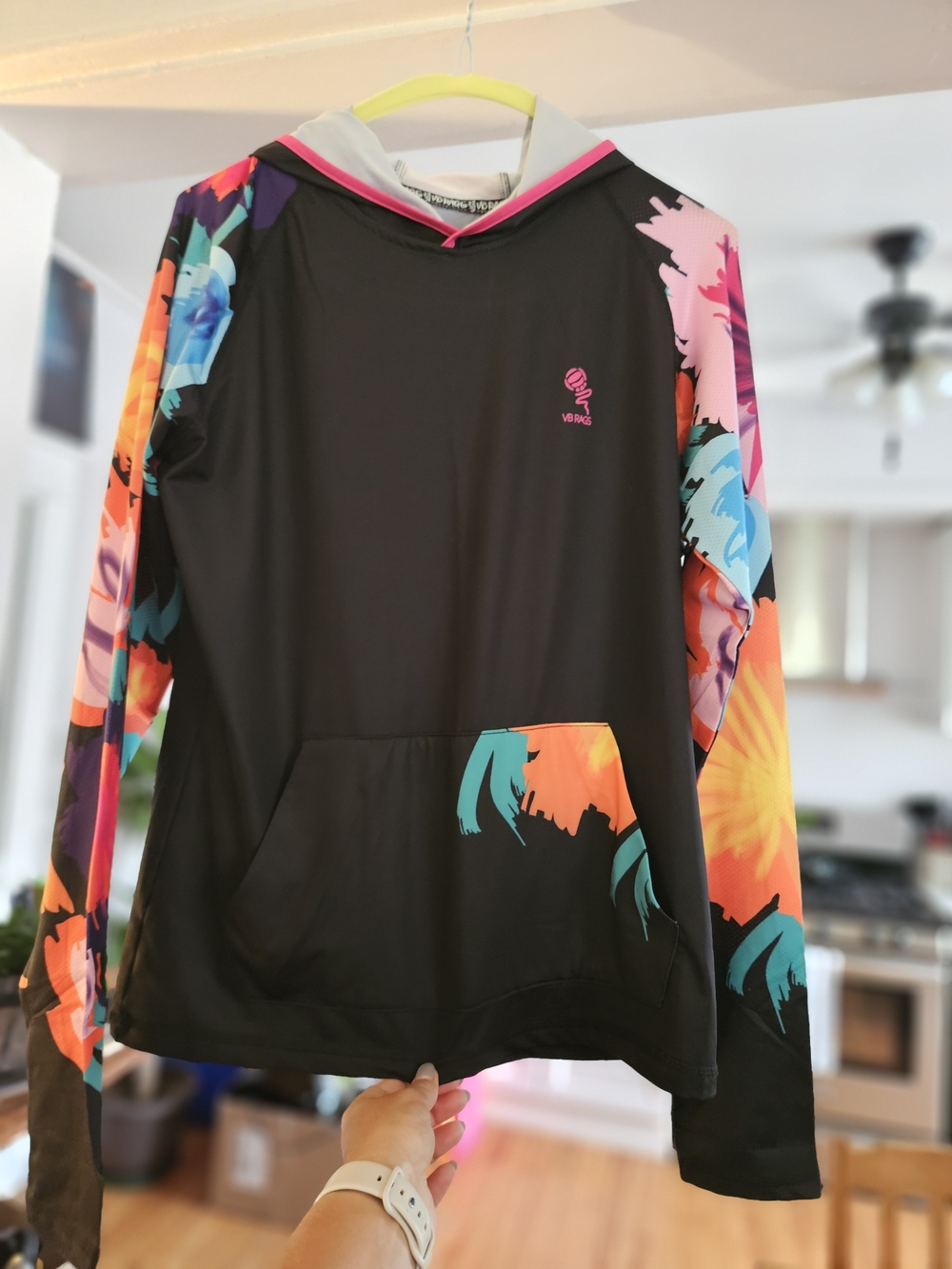 Black Floral-Print Pullover Hoodie with Multicolor Sleeves